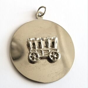 Vintage covered wagon pendant charm silver tone pioneer cottagecore round